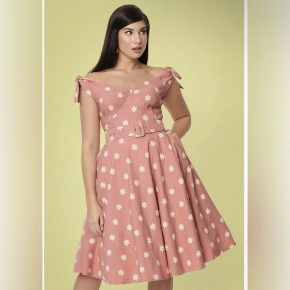 Unique Vintage 50s Prairie Daisy Swing Dress in Powder Pink, Size Large, NWT! - Picture 2 of 16